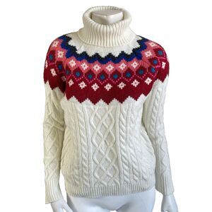 LOFT Fair Isle Sweater Womens S Turtleneck Cable Knit Fisherman Nordic Cozy